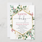Santa Baby Christmas red greenery gold baby shower 招待状 (正面)