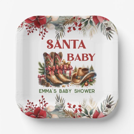 Santa Baby Cowboy Chirstmas Baby Shower ペーパープレート (正面)