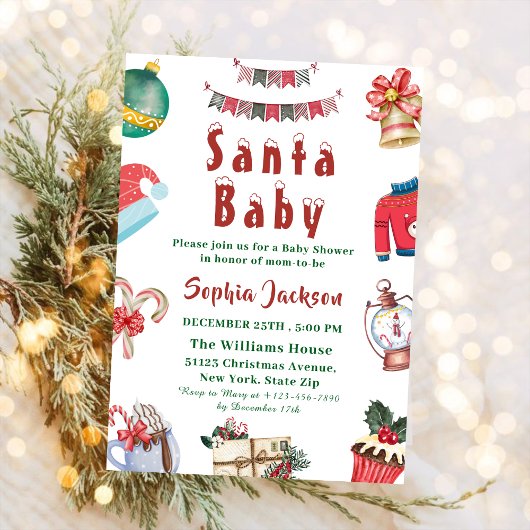 Santa Baby Holiday winter Christmas Baby Shower 招待状