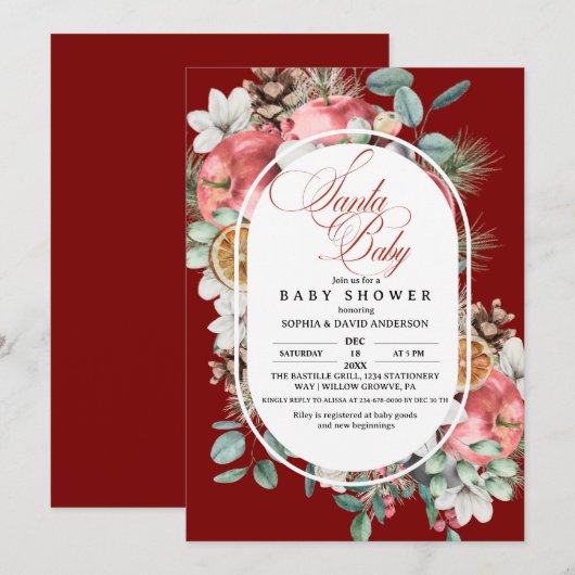 Santa Baby Script Winter Pine Tree Greenery Shower 招待状 (正面/裏面)