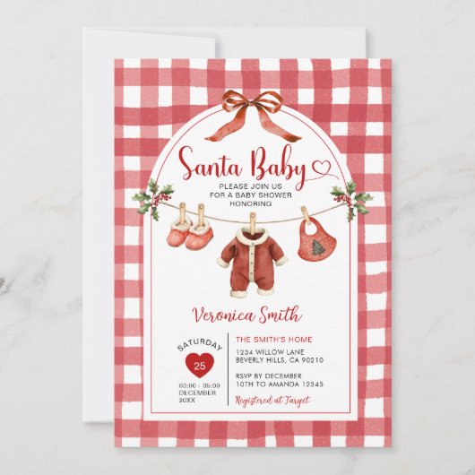 Santa Baby Shower Clothesline Ribbon Gingham 招待状 (正面)