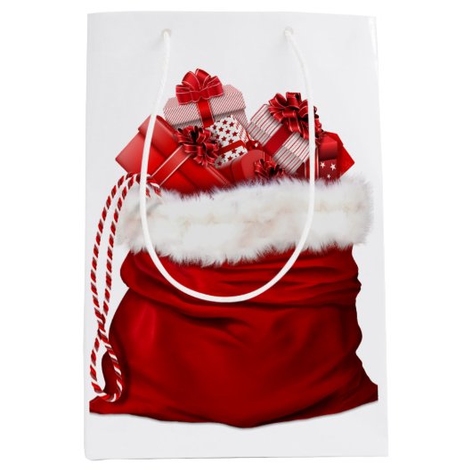 Santa Bag Full of Presents Red And White Gift Bag ミディアムペーパーバッグ (正面)