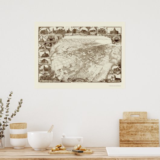 Santa Barbara, CA Panoramic Map - 1898 ポスター (キッチン)