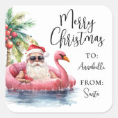 Santa Beach Christmas Gift Tag Sticker スクエアシール (正面)