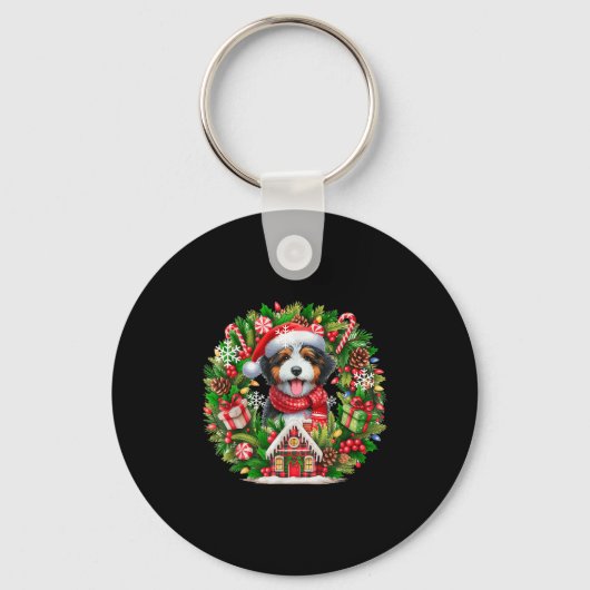 Santa Bernedoodle Christmas Floral Circle Owner Ki キーホルダー (正面)