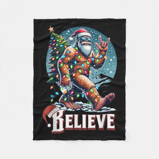 Santa Bigfoot Christmas Lights Funny Sasquatch Bel フリースブランケット (正面)