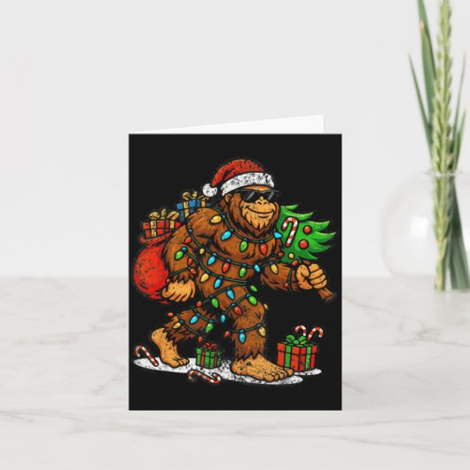 Santa Bigfoot Christmas Tree Xmas Lights Funny Sas カード (正面)