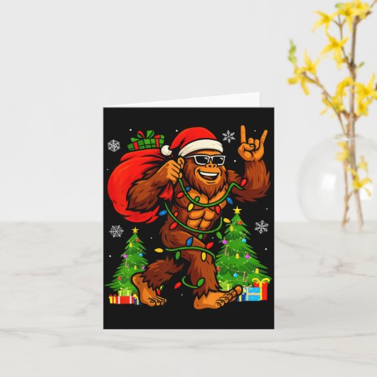 Santa Bigfoot Christmas Tree Xmas Lights Funny Sas カード (黄色い花)