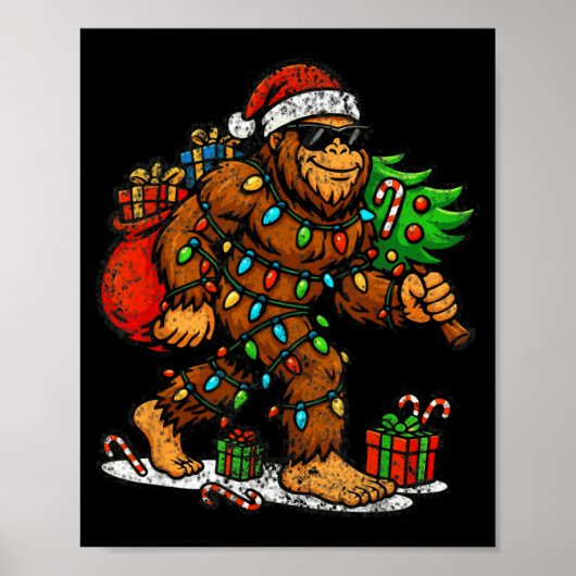 Santa Bigfoot Christmas Tree Xmas Lights Funny Sas ポスター (正面)