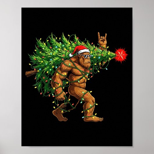 Santa Bigfoot Christmas Tree Xmas Lights Funny Sas ポスター (正面)