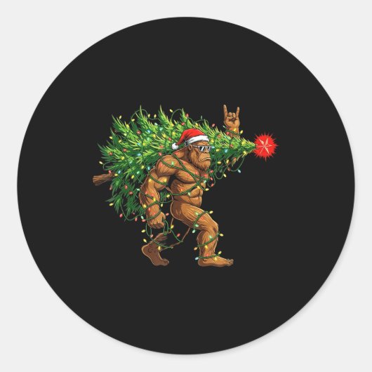 Santa Bigfoot Christmas Tree Xmas Lights Funny Sas ラウンドシール (正面)