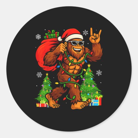 Santa Bigfoot Christmas Tree Xmas Lights Funny Sas ラウンドシール (正面)