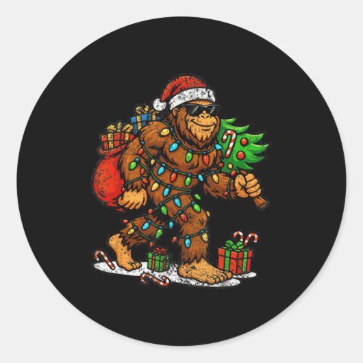 Santa Bigfoot Christmas Tree Xmas Lights Funny Sas ラウンドシール (正面)