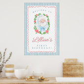 Santa Birthday Sign with Blue Gingham and Roses ポスター (キッチン)