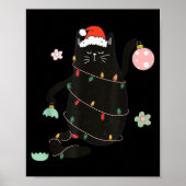 Santa Black Cat Tangled Up In Christmas Tree Light ポスター (正面)