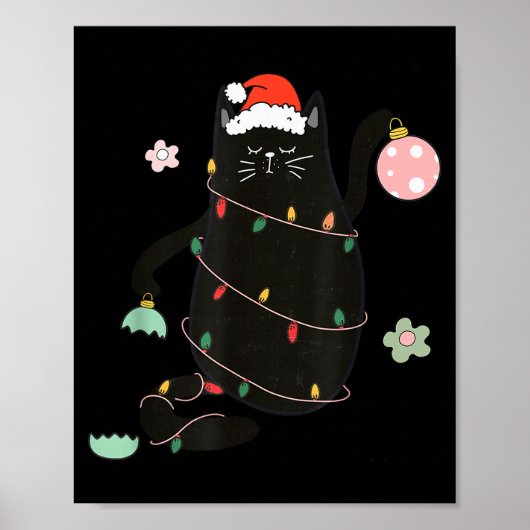 Santa Black Cat Tangled Up In Christmas Tree Light ポスター (正面)