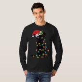 Santa Black Cat Tangled Up In Christmas Tree Light Tシャツ (正面フル)