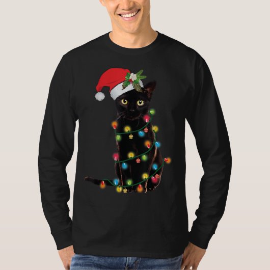 Santa Black Cat Tangled Up In Christmas Tree Light Tシャツ (正面)