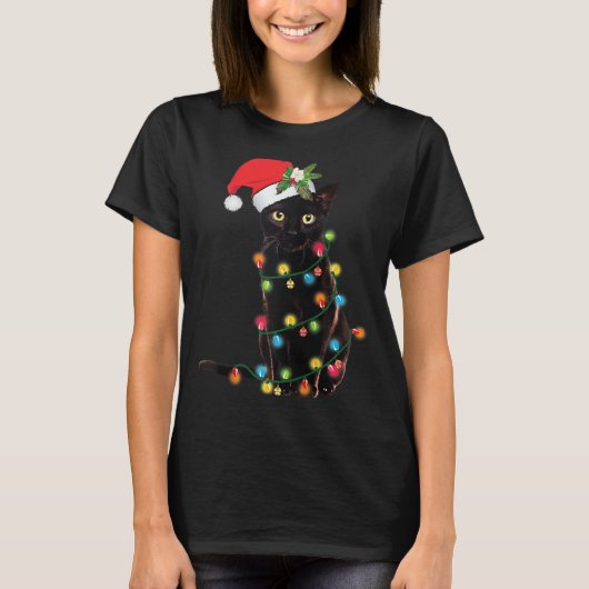Santa Black Cat Tangled Up In Christmas Tree Light Tシャツ (正面)