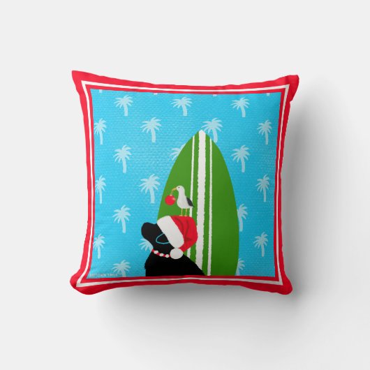 Santa Black Lab Surfboard Dog Seagull Christmas クッション (正面)