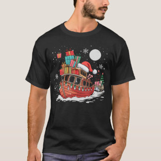 Santa Boat Lights Christmas Driving Xmas Boys Kids Tシャツ