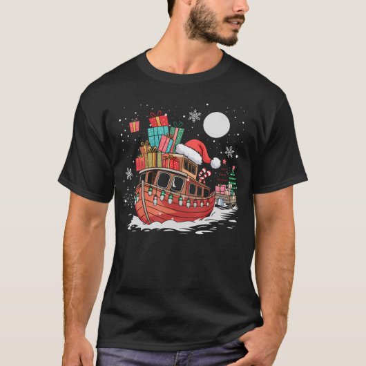 Santa Boat Lights Christmas Driving Xmas Boys Kids Tシャツ (正面)