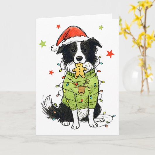 Santa Border Collie Christmas Border Collie Dog Mo カード (黄色い花)
