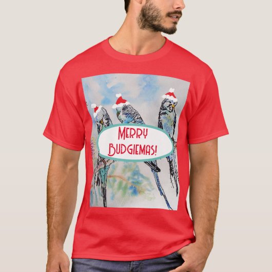 Santa Budgie Christmas Watercolor Painting Bird Tシャツ (正面)