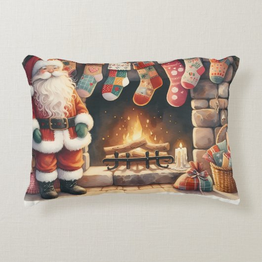 Santa by Fireplace Christmas Stockings アクセントクッション (正面)