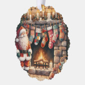 Santa by Fireplace Christmas Stockings オーナメントカード (左)