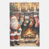 Santa by Fireplace Christmas Stockings キッチンタオル (縦)