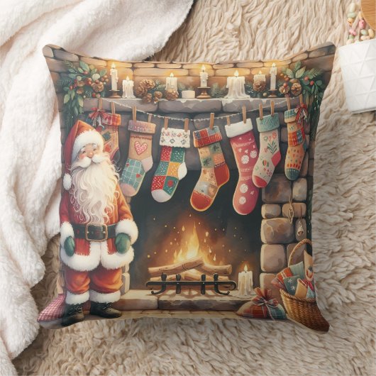 Santa by Fireplace Christmas Stockings クッション (ブランケット)