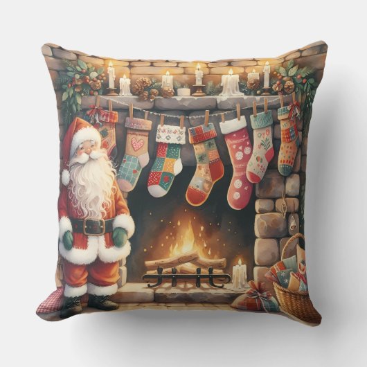 Santa by Fireplace Christmas Stockings クッション (正面)