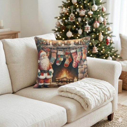 Santa by Fireplace Christmas Stockings クッション