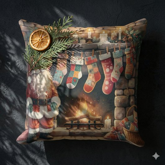 Santa by Fireplace Christmas Stockings クッション