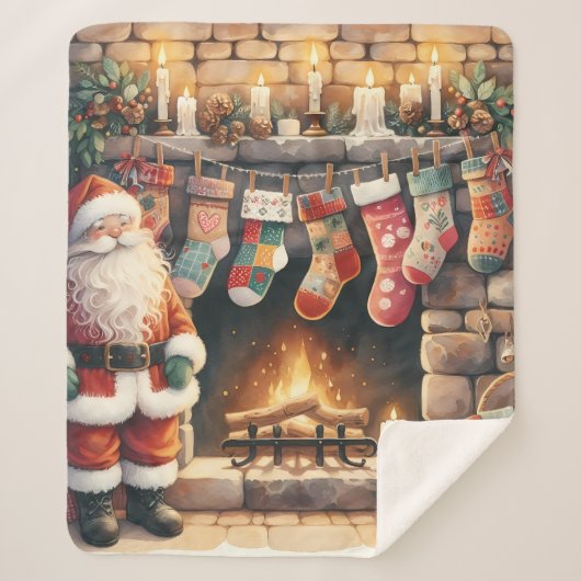 Santa by Fireplace Christmas Stockings シェルパブランケット (正面)
