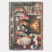 Santa by Fireplace Christmas Stockings スローブランケット (正面縦)