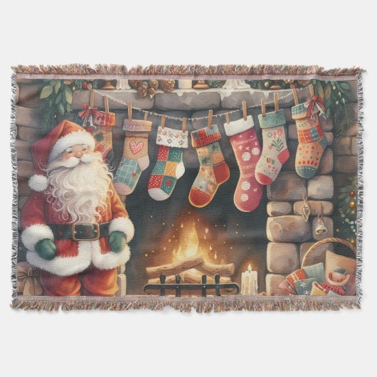 Santa by Fireplace Christmas Stockings スローブランケット (正面)