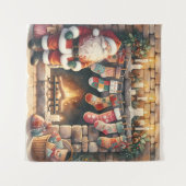 Santa by Fireplace Christmas Stockings タペストリー (正面(横))