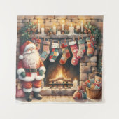 Santa by Fireplace Christmas Stockings タペストリー (正面)
