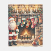 Santa by Fireplace Christmas Stockings フリースブランケット (正面)