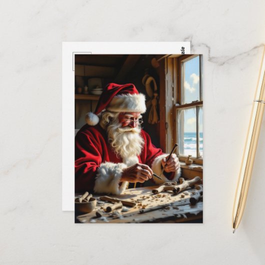 Santa Carves Driftwood at an Ocean Cabin ポストカード (正面/裏面インサイチュ)