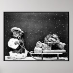 Santa Cat Delivering Christmas Gifts ポスター<br><div class="desc">Santa Cat Delivering Christmas gifts,  vintage black and white illustration,  1914</div>