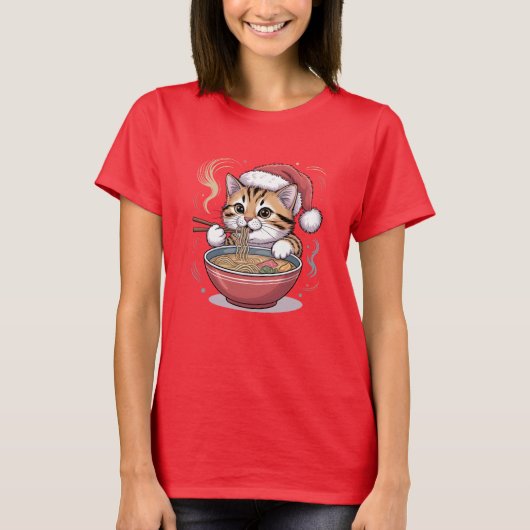 Santa Cat Eating Ramen Cute Christmas Kitty Tシャツ (正面)
