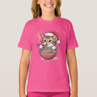 Santa Cat Eating Ramen Cute Christmas Kitty Tシャツ