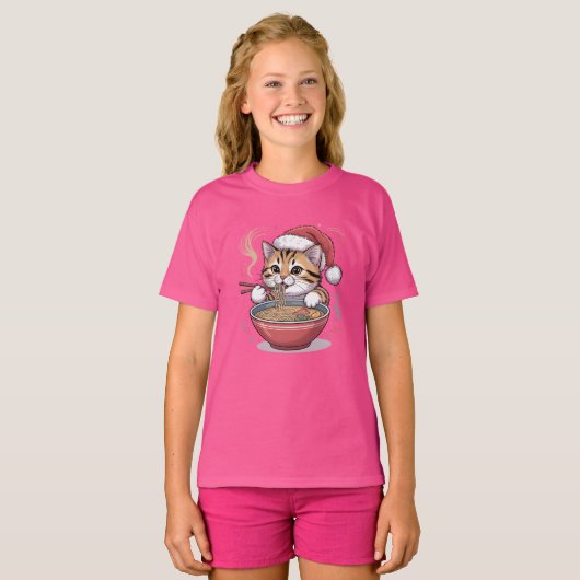 Santa Cat Eating Ramen Cute Christmas Kitty Tシャツ (正面フル)