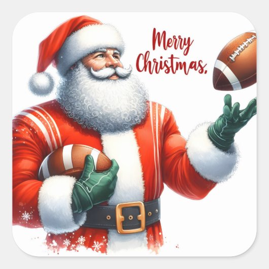 Santa Celebrates Christmas With Football スクエアシール (正面)
