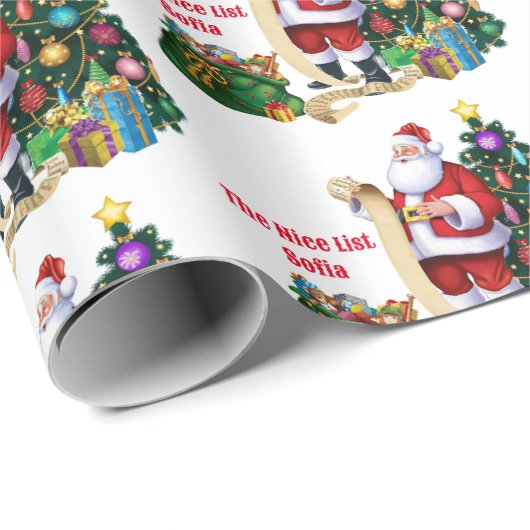 Santa Checking氏のリストをカスタマイズした子どもの名前 ラッピングペーパー (ロールコーナー)