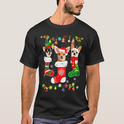 Santa Chihuahua Puppy Christmas Lights Socks Xmas  Tシャツ (正面)