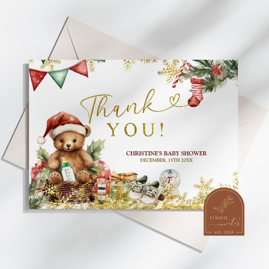 Santa Christmas Bear Baby Shower Thank You Card サンキューカード